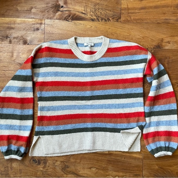 Madewell Balloon Sleeve Striped Crew Neck Sweater Coziest Yarn Payton Pullover - Picture 5 of 12